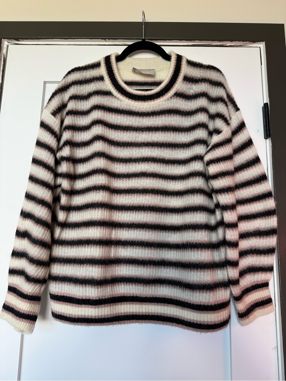 Everlane Cream & Black w/Pink Striped Crewneck Sweater